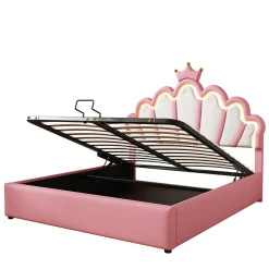 Lit Coffre 140x200 cm - Lit Double enfant avec Lumière d'Ambiance Réglable, Capitonné, MDF et Similicuir, Rose, Sans Matelas