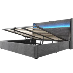 Lit Coffre 180x200 cm - Lit Double avec Sommier Relevable et Rangement - LED et Ports USB Type-C - Tissu Lin Gris - Sans Matelas