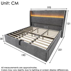 Lit Coffre 180x200 cm - Lit Double avec Sommier Relevable et Rangement - LED et Ports USB Type-C - Tissu Lin Gris - Sans Matelas