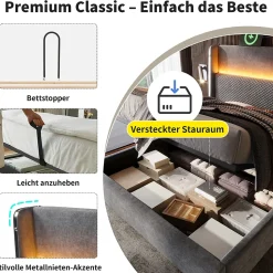 Lit Coffre 180x200 cm - Lit Double avec Sommier Relevable et Rangement - LED et Ports USB Type-C - Tissu Lin Gris - Sans Matelas