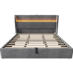 Lit Coffre 180x200 cm - Lit Double avec Sommier Relevable et Rangement - LED et Ports USB Type-C - Tissu Lin Gris - Sans Matelas