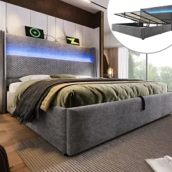 Lit Coffre 180x200 cm - Lit Double avec Sommier Relevable et Rangement - LED et Ports USB Type-C - Tissu Lin Gris - Sans Matelas