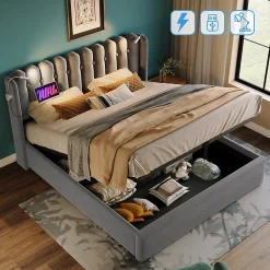 Lit Coffre 160x200 Cm - Lit Double avec Lampe de Lecture et Ports USB - Velours - Sans Matelas - Gris