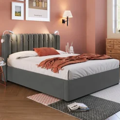 Lit Coffre 160x200 Cm - Lit Double avec Lampe de Lecture et Ports USB - Velours - Sans Matelas - Gris