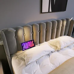 Lit Coffre 160x200 Cm - Lit Double avec Lampe de Lecture et Ports USB - Velours - Sans Matelas - Gris