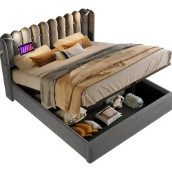 Lit Coffre 160x200 Cm - Lit Double avec Lampe de Lecture et Ports USB - Velours - Sans Matelas - Gris