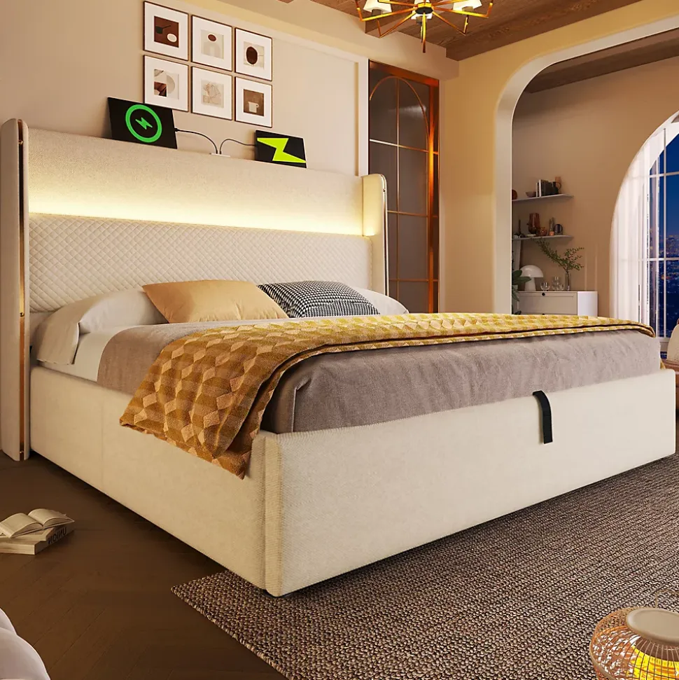 Lit Coffre 140x200 cm - Lit Double avec Sommier Relevable et Rangement - Ports USB Type-C - Tissu Lin Beige - Sans Matelas