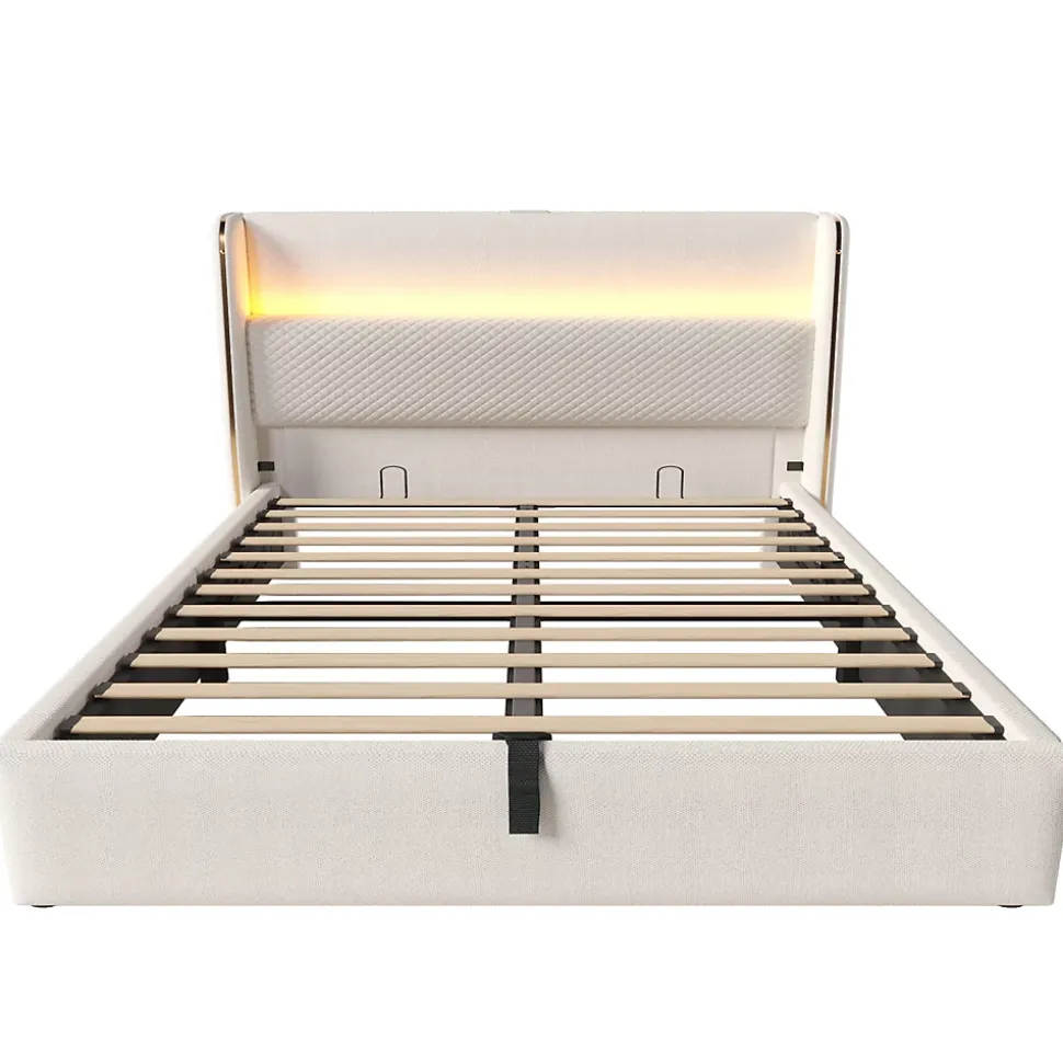 Lit Coffre 140x200 cm - Lit Double avec Sommier Relevable et Rangement - Ports USB Type-C - Tissu Lin Beige - Sans Matelas