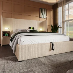 Lit coffre 180x200 cm - Lit double capitonné avec table de chevet et lampe de lecture - Velours côtelé - Sans Matelas - Beige