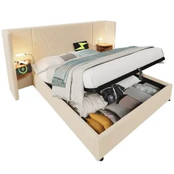 Lit coffre 180x200 cm - Lit double capitonné avec table de chevet et lampe de lecture - Velours côtelé - Sans Matelas - Beige