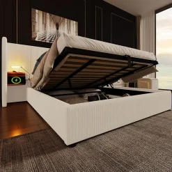 Lit coffre 180x200 cm - Lit double capitonné avec table de chevet et lampe de lecture - Velours côtelé - Sans Matelas - Beige