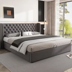 Lit coffre 160x200 cm - Lit double avec sommier à lattes et coffre hydraulique - Velours - Sans Matelas - Gris