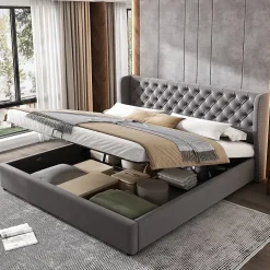 Lit coffre 160x200 cm - Lit double avec sommier à lattes et coffre hydraulique - Velours - Sans Matelas - Gris