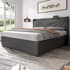 Lit Coffre 160x200 Cm - Lit Double avec Sommier à Lattes et Port USB - Coton Bois Métal - Sans Matelas - Gris
