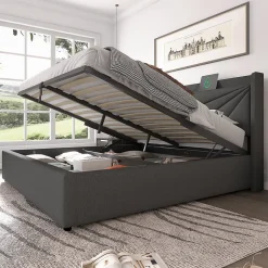 Lit Coffre 160x200 Cm - Lit Double avec Sommier à Lattes et Port USB - Coton Bois Métal - Sans Matelas - Gris