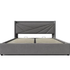 Lit Coffre 160x200 Cm - Lit Double avec Sommier à Lattes et Port USB - Coton Bois Métal - Sans Matelas - Gris