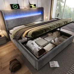 Lit Coffre 160x200 cm - Lit Double avec Sommier Relevable et Rangement - LED et Ports USB Type-C - Tissu Lin Gris - Sans Matelas