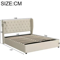 Lit coffre 140x190 cm - Lit double avec sommier à lattes et coffre hydraulique - Capitonné Velours - Sans Matelas - Beige