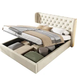 Lit coffre 140x190 cm - Lit double avec sommier à lattes et coffre hydraulique - Capitonné Velours - Sans Matelas - Beige