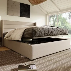 Lit coffre 160x200 cm - Lit double rembourré Beige avec sommier à lattes - Lin - Sans Matelas