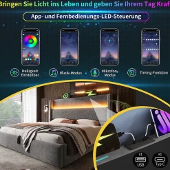 Lit Coffre 140x200 cm - Lit Double avec Sommier Relevable et Rangement - LED et Ports USB Type-C - Tissu Lin Gris - Sans Matelas