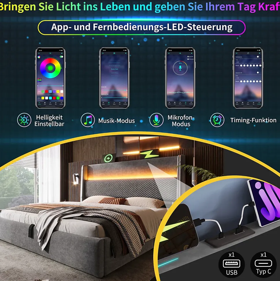 Lit Coffre 140x200 cm - Lit Double avec Sommier Relevable et Rangement - LED et Ports USB Type-C - Tissu Lin Gris - Sans Matelas