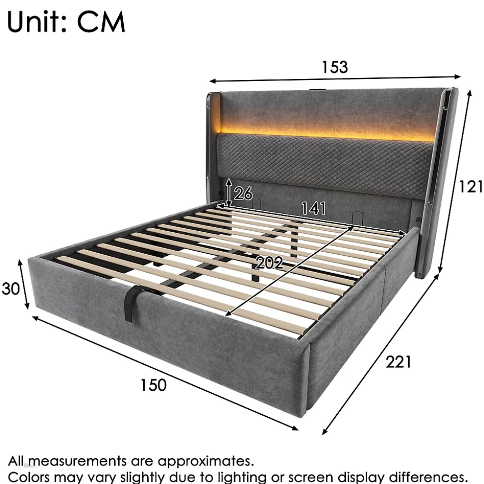 Lit Coffre 140x200 cm - Lit Double avec Sommier Relevable et Rangement - LED et Ports USB Type-C - Tissu Lin Gris - Sans Matelas
