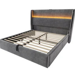 Lit Coffre 140x200 cm - Lit Double avec Sommier Relevable et Rangement - LED et Ports USB Type-C - Tissu Lin Gris - Sans Matelas