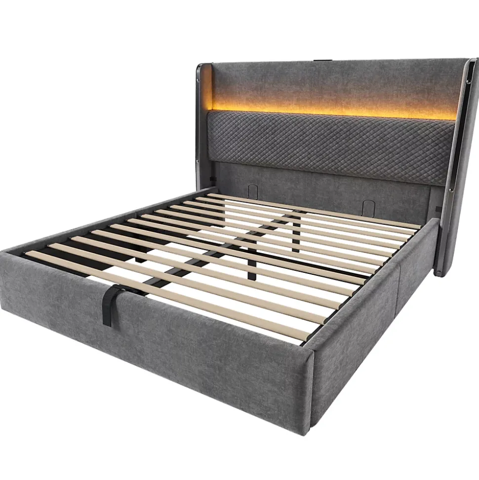 Lit Coffre 140x200 cm - Lit Double avec Sommier Relevable et Rangement - LED et Ports USB Type-C - Tissu Lin Gris - Sans Matelas