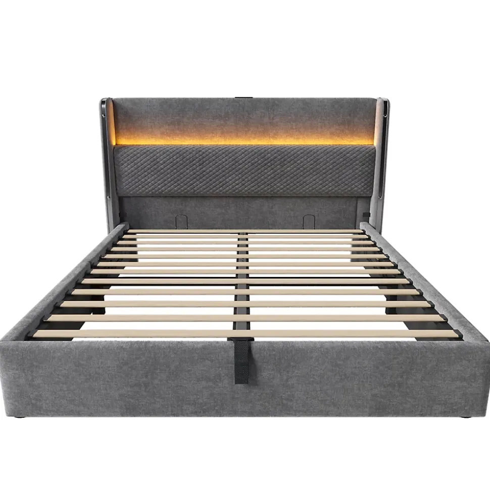 Lit Coffre 140x200 cm - Lit Double avec Sommier Relevable et Rangement - LED et Ports USB Type-C - Tissu Lin Gris - Sans Matelas