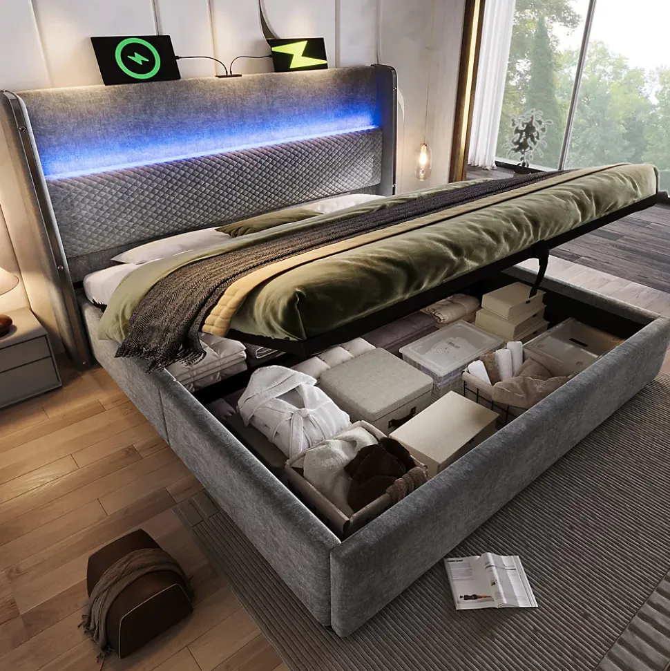 Lit Coffre 140x200 cm - Lit Double avec Sommier Relevable et Rangement - LED et Ports USB Type-C - Tissu Lin Gris - Sans Matelas