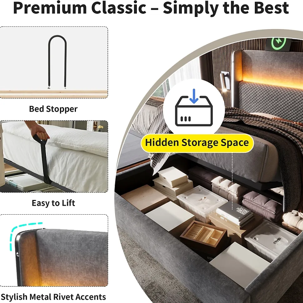 Lit Coffre 140x200 cm - Lit Double avec Sommier Relevable et Rangement - LED et Ports USB Type-C - Tissu Lin Gris - Sans Matelas