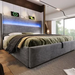 Lit Coffre 140x200 cm - Lit Double avec Sommier Relevable et Rangement - LED et Ports USB Type-C - Tissu Lin Gris - Sans Matelas