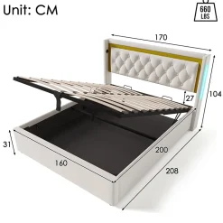 Lit coffre 160x200 cm - Lit double avec USB Type C et LED - Coton - avec Matelas - Beige