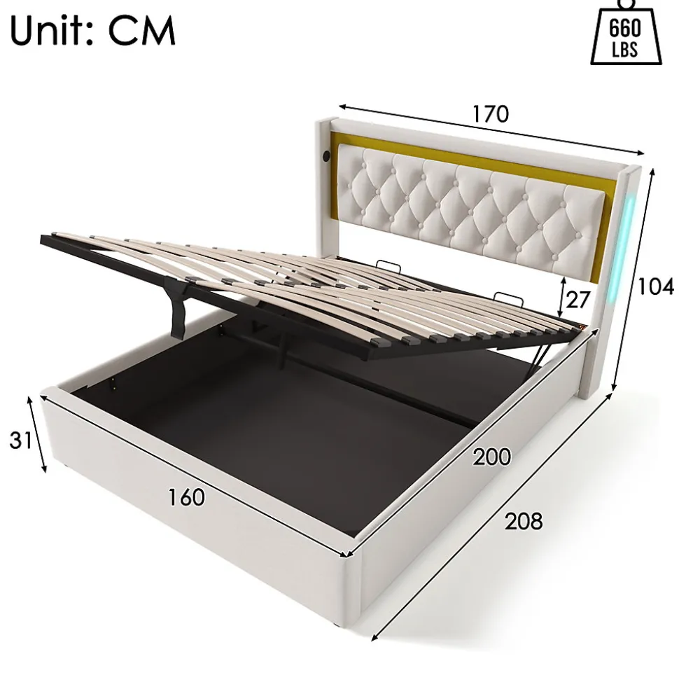 Lit coffre 160x200 cm - Lit double avec USB Type C et LED - Coton - avec Matelas - Beige