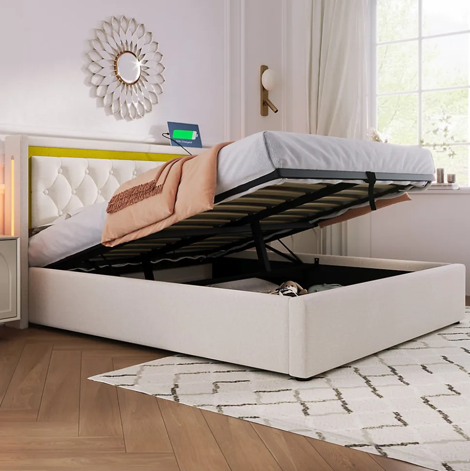 Lit coffre 160x200 cm - Lit double avec USB Type C et LED - Coton - avec Matelas - Beige