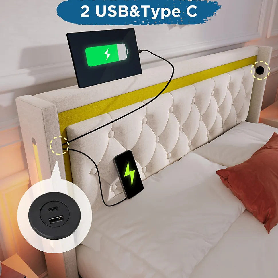 Lit coffre 160x200 cm - Lit double avec USB Type C et LED - Coton - avec Matelas - Beige