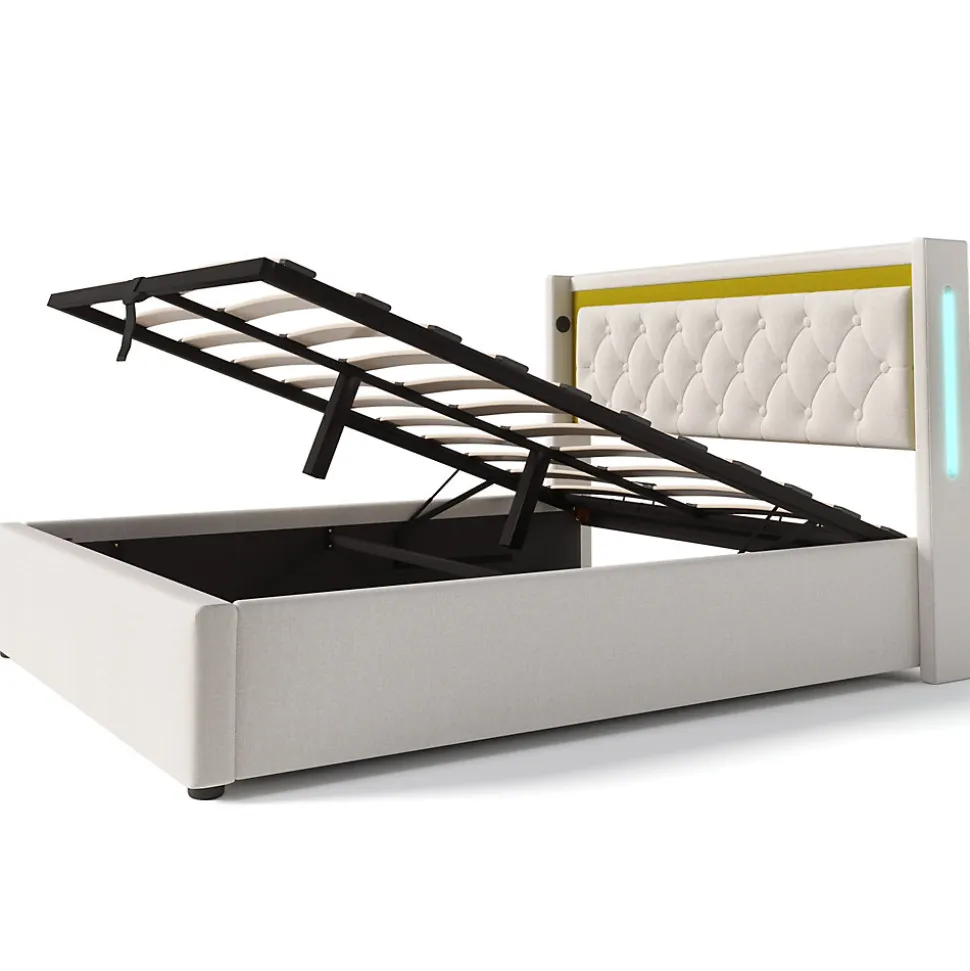 Lit coffre 160x200 cm - Lit double avec USB Type C et LED - Coton - avec Matelas - Beige