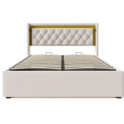 Lit coffre 160x200 cm - Lit double avec USB Type C et LED - Coton - avec Matelas - Beige