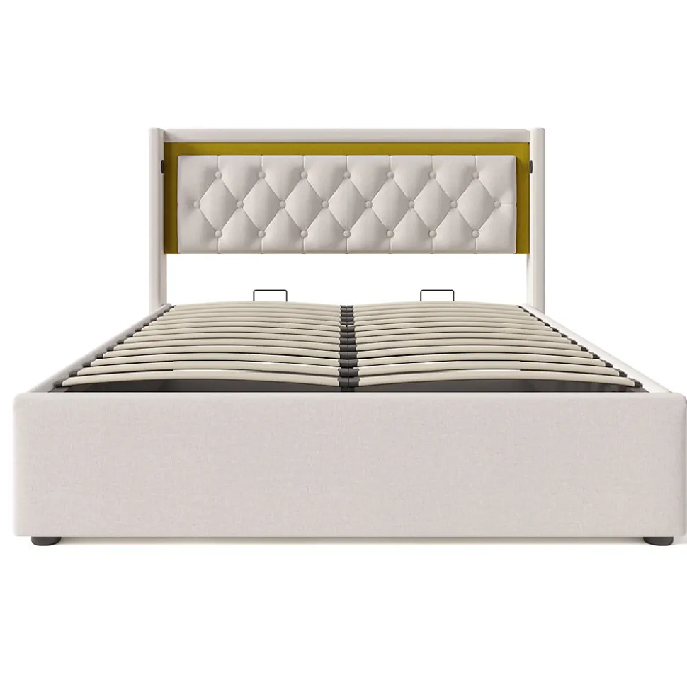 Lit coffre 160x200 cm - Lit double avec USB Type C et LED - Coton - avec Matelas - Beige