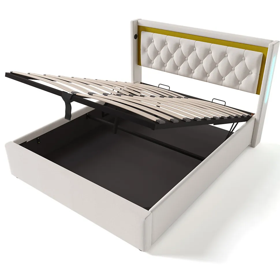 Lit coffre 160x200 cm - Lit double avec USB Type C et LED - Coton - avec Matelas - Beige