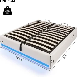 Lit Coffre 140x200 cm - Lit Double avec Poches de Rangement - Lin + MDF - Sans Matelas - Beige