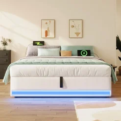 Lit Coffre 140x200 cm - Lit Double avec Poches de Rangement - Lin + MDF - Sans Matelas - Beige