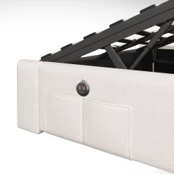 Lit Coffre 140x200 cm - Lit Double avec Poches de Rangement - Lin + MDF - Sans Matelas - Beige