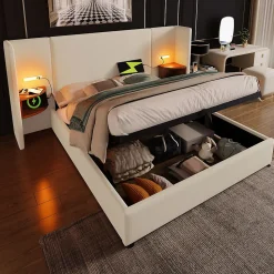 Lit coffre 160x200 cm - Lit double capitonné avec table de chevet et lampe de lecture - Lin - Sans Matelas - Beige