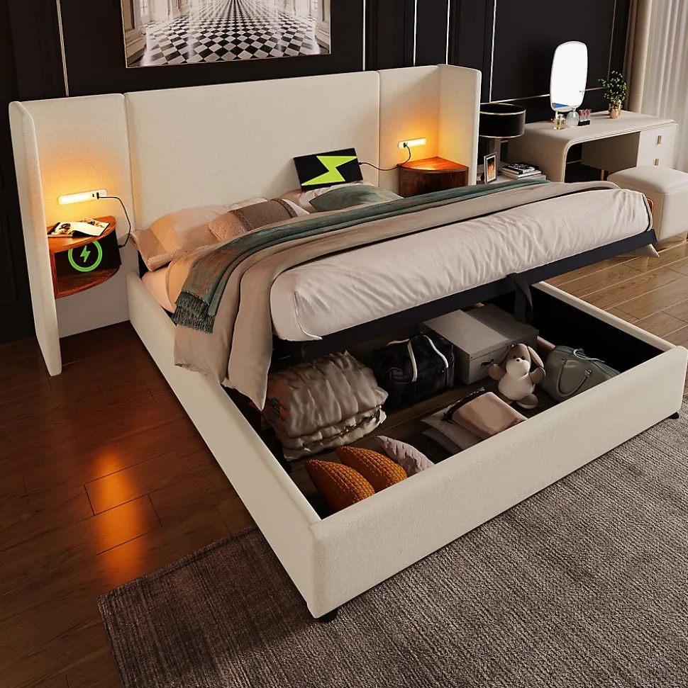 Lit coffre 160x200 cm - Lit double capitonné avec table de chevet et lampe de lecture - Lin - Sans Matelas - Beige