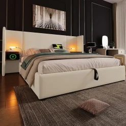 Lit coffre 160x200 cm - Lit double capitonné avec table de chevet et lampe de lecture - Lin - Sans Matelas - Beige