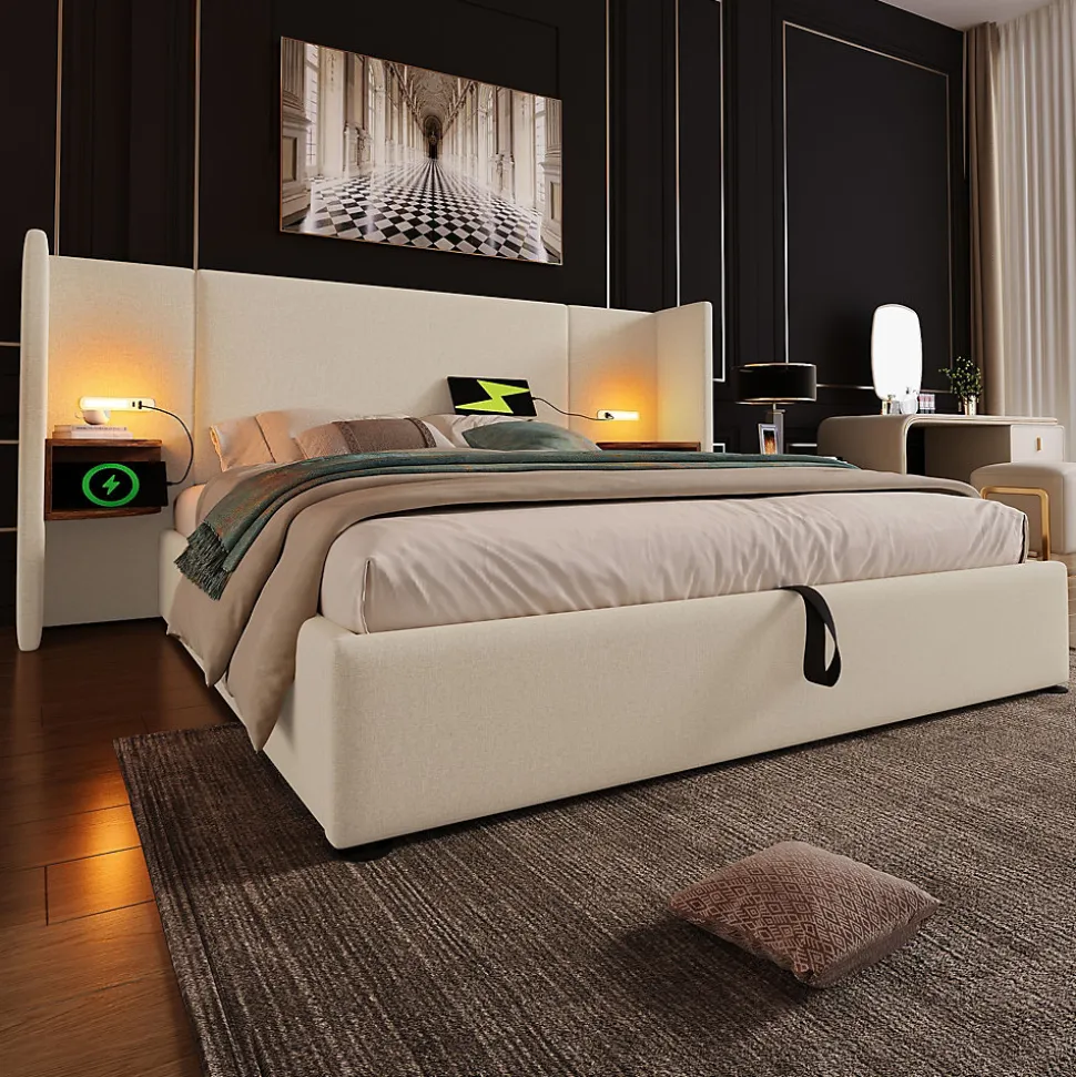 Lit coffre 160x200 cm - Lit double capitonné avec table de chevet et lampe de lecture - Lin - Sans Matelas - Beige