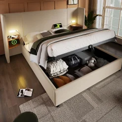 Lit coffre 160x200 cm - Lit double capitonné avec table de chevet et lampe de lecture - Lin - Sans Matelas - Beige