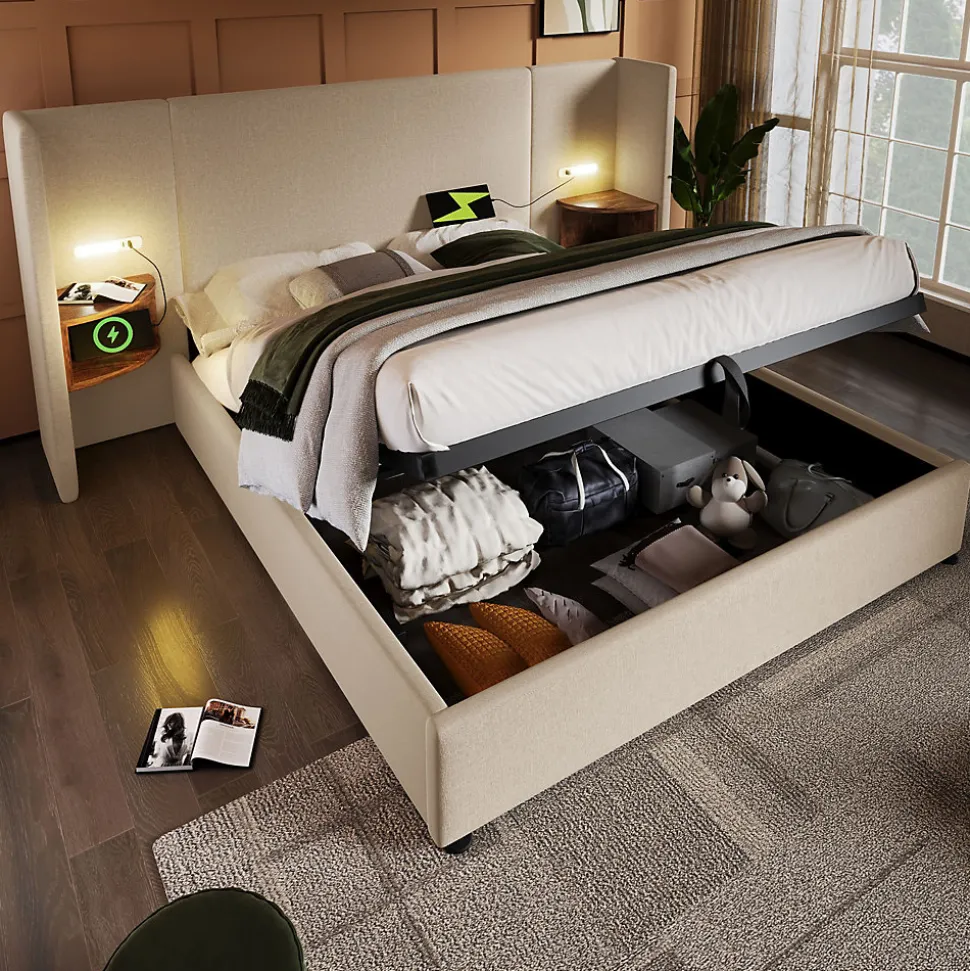 Lit coffre 160x200 cm - Lit double capitonné avec table de chevet et lampe de lecture - Lin - Sans Matelas - Beige